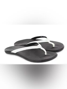 OluKai Black Footbed Sandals with White Straps 9
